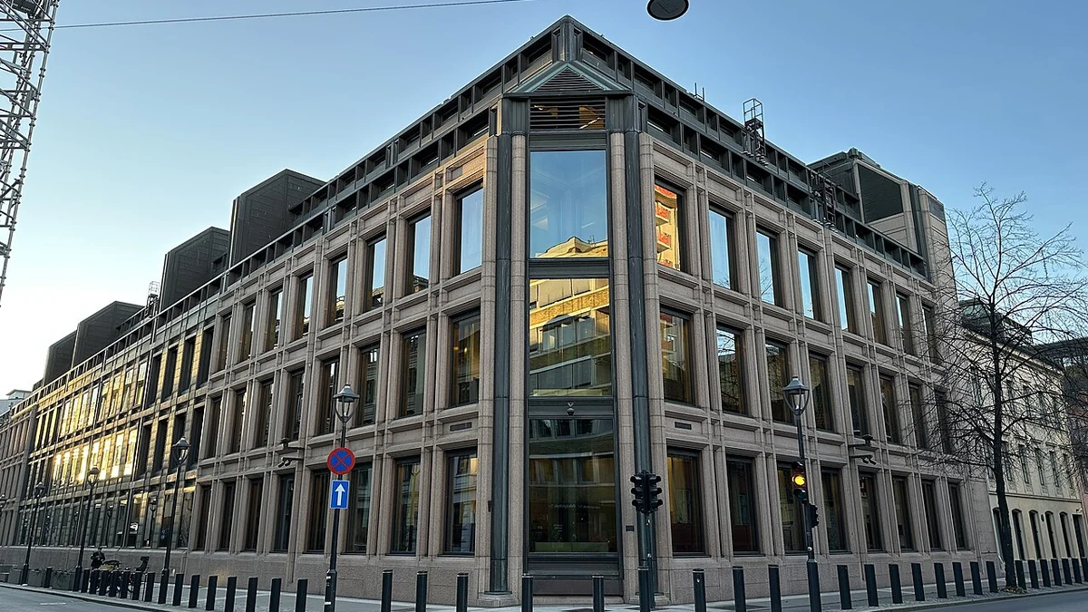 Exterior of Norges Bank headquarters in Oslo, Norway.