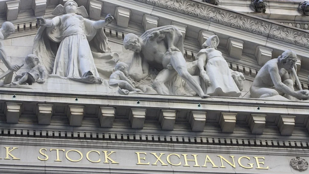 Stone facade of the New York Stock Exchange building in New York City.