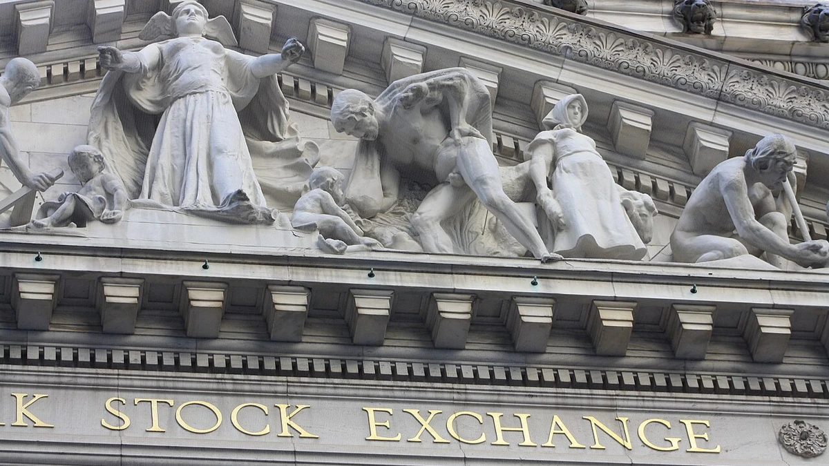 Stone facade of the New York Stock Exchange building in New York City.
