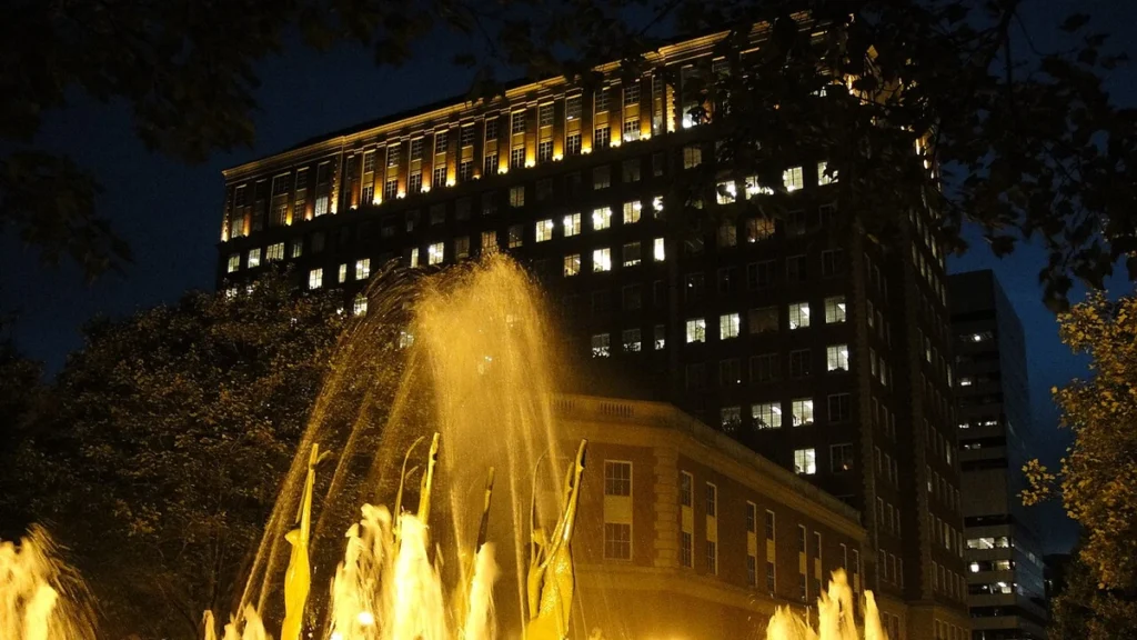 The Plaza in Clayton office tower and fountain in Clayton, Missouri, where Olin lists its headquarters address.