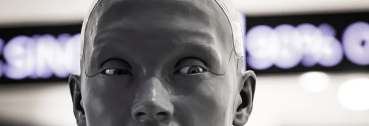 Close-up of a humanoid robot displayed at a technology exhibition.
