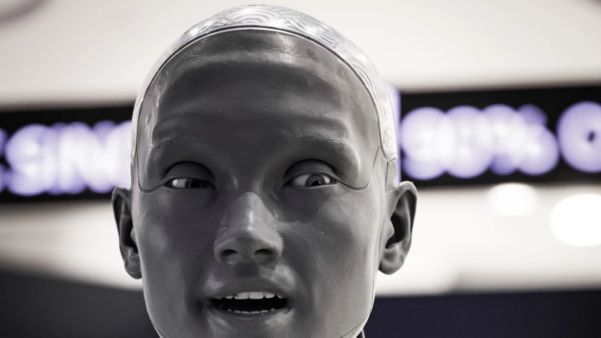 Close-up of a humanoid robot displayed at a technology exhibition.