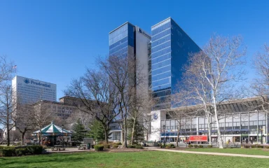 Prudential Financial buildings overlooking Military Park in Newark, New Jersey.