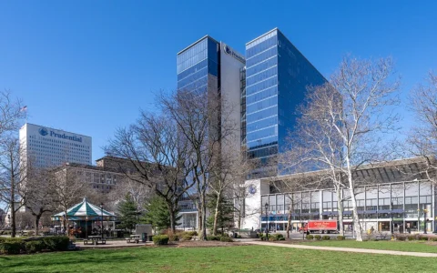 Prudential Financial buildings overlooking Military Park in Newark, New Jersey.