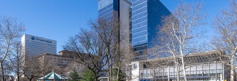 Prudential Financial buildings overlooking Military Park in Newark, New Jersey.