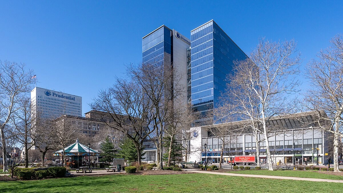 Prudential Financial buildings overlooking Military Park in Newark, New Jersey.