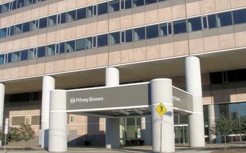 Exterior of the former Pitney Bowes headquarters building in Stamford, Connecticut.