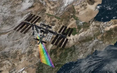 NASA visualization of hyperspectral data collection from the International Space Station over Earth.