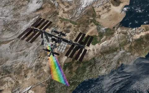 NASA visualization of hyperspectral data collection from the International Space Station over Earth.
