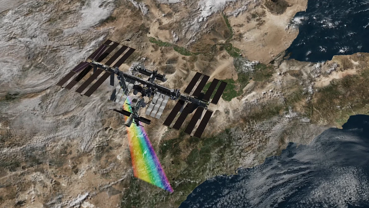NASA visualization of hyperspectral data collection from the International Space Station over Earth.