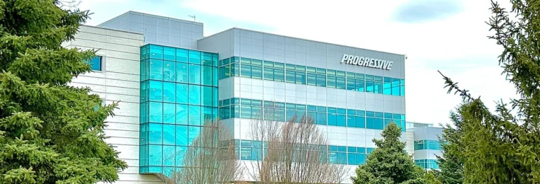 Progressive Insurance headquarters in Mayfield Village, Ohio, with the Progressive sign visible on the building.