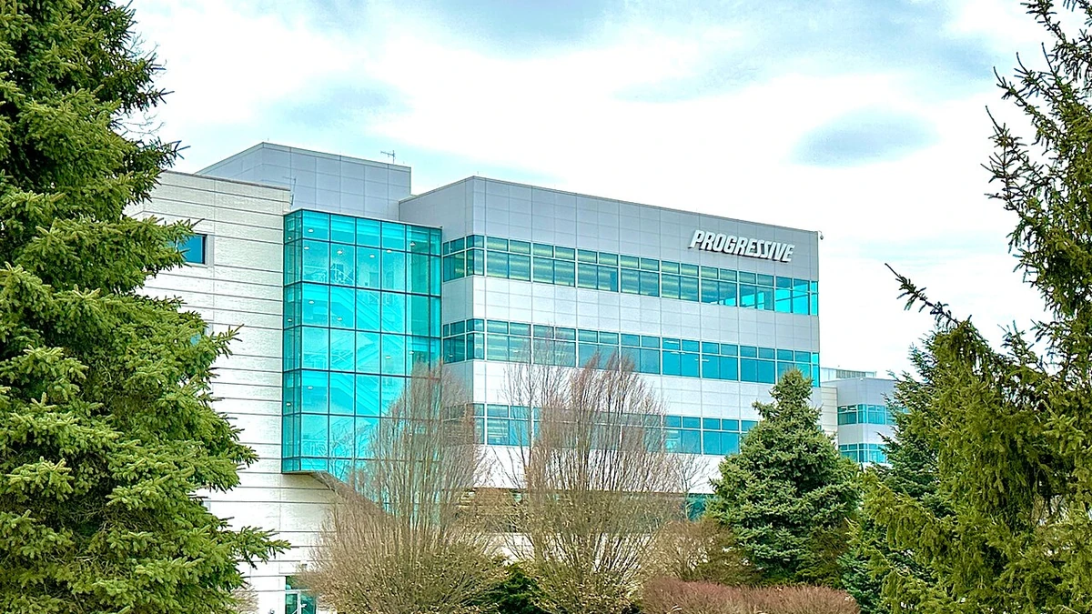 Progressive Insurance headquarters in Mayfield Village, Ohio, with the Progressive sign visible on the building.