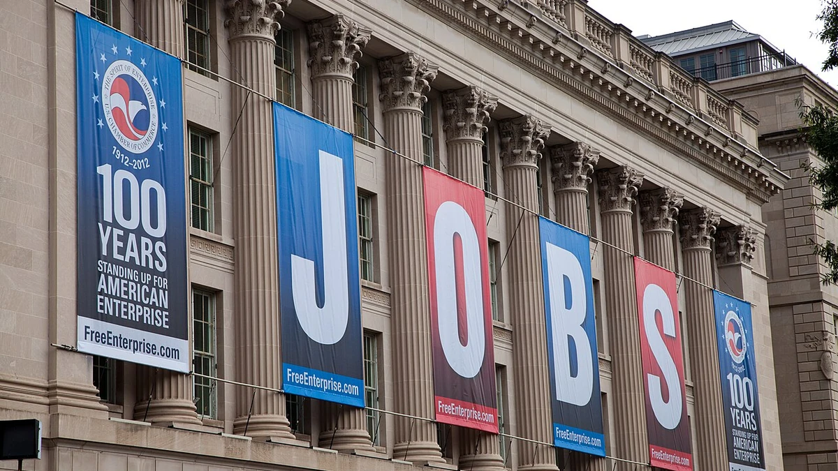 U.S. Chamber of Commerce Building in Washington, D.C., with large JOBS banners.