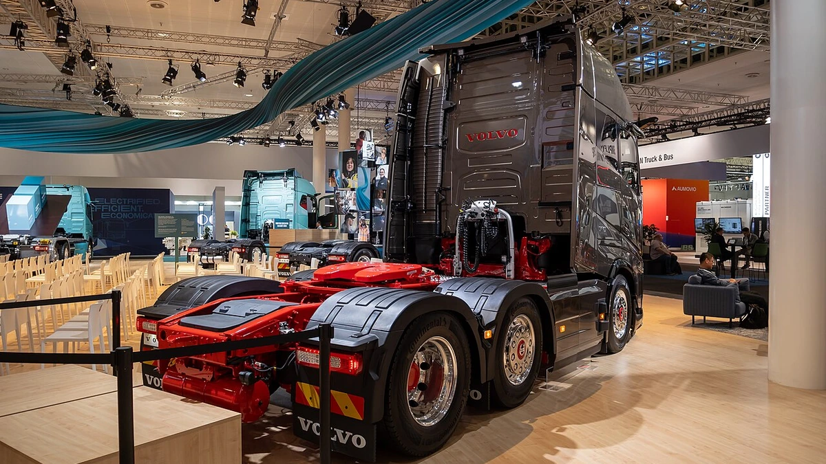 Volvo truck on display inside IAA Transportation 2026 in Hanover, Germany.