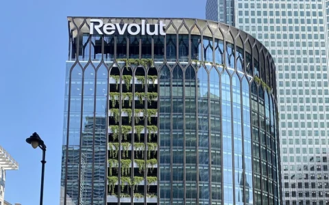 Revolut signage on the company’s head office building at Canary Wharf in London.