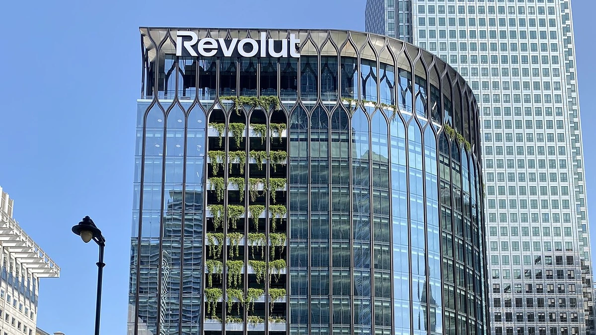Revolut signage on the company’s head office building at Canary Wharf in London.