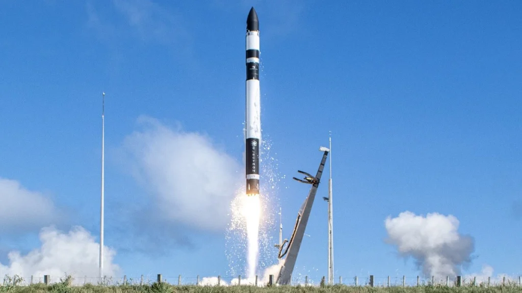 Rocket Lab Electron rocket lifting off from Launch Complex 1 in Māhia, New Zealand.