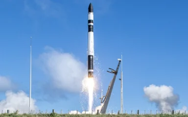 Rocket Lab Electron rocket lifting off from Launch Complex 1 in Māhia, New Zealand.
