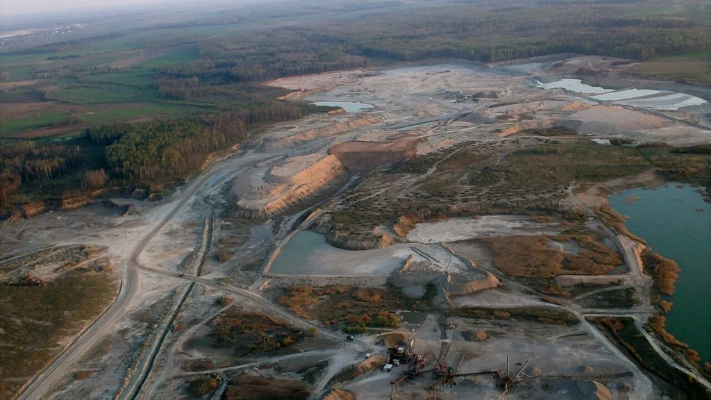 Aerial view of the Petrašiūnai dolomite quarry in Pakruojis District, Lithuania.