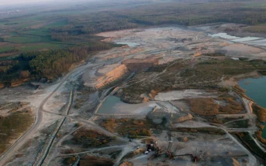 Aerial view of the Petrašiūnai dolomite quarry in Pakruojis District, Lithuania.