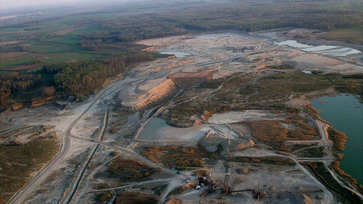 Aerial view of the Petrašiūnai dolomite quarry in Pakruojis District, Lithuania.