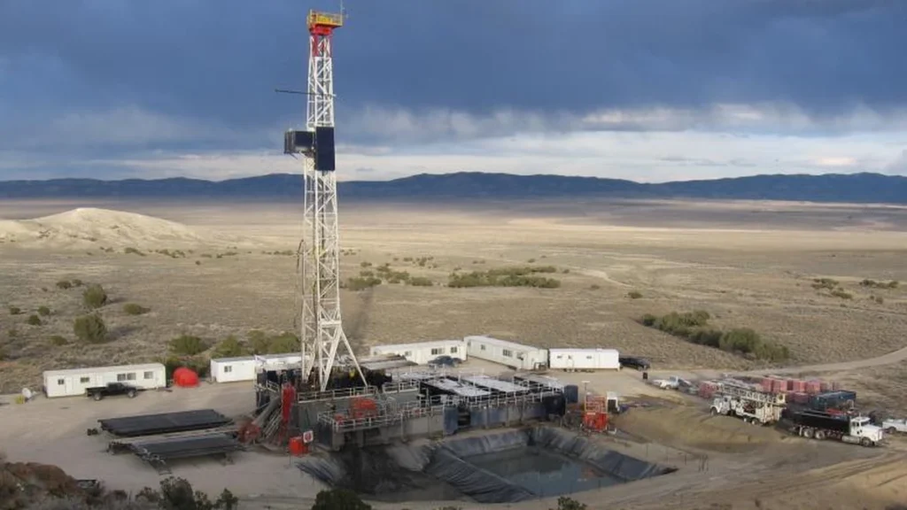 Oil and gas drilling rig and pad near Railroad Valley, Nevada.