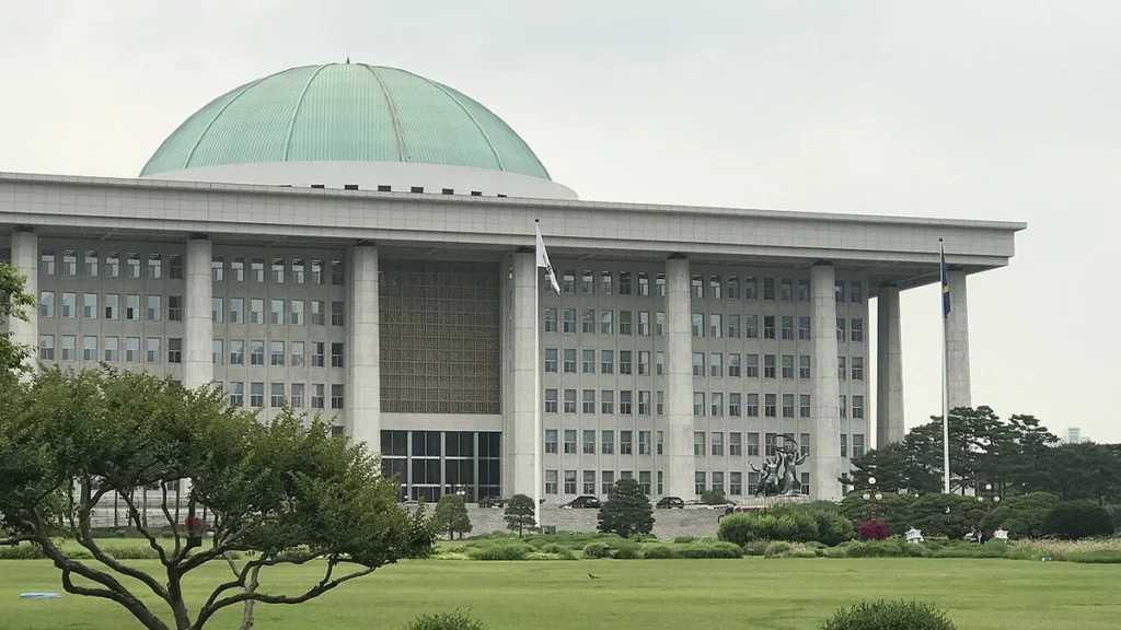 South Korea's National Assembly Building in Seoul, viewed across its lawn.