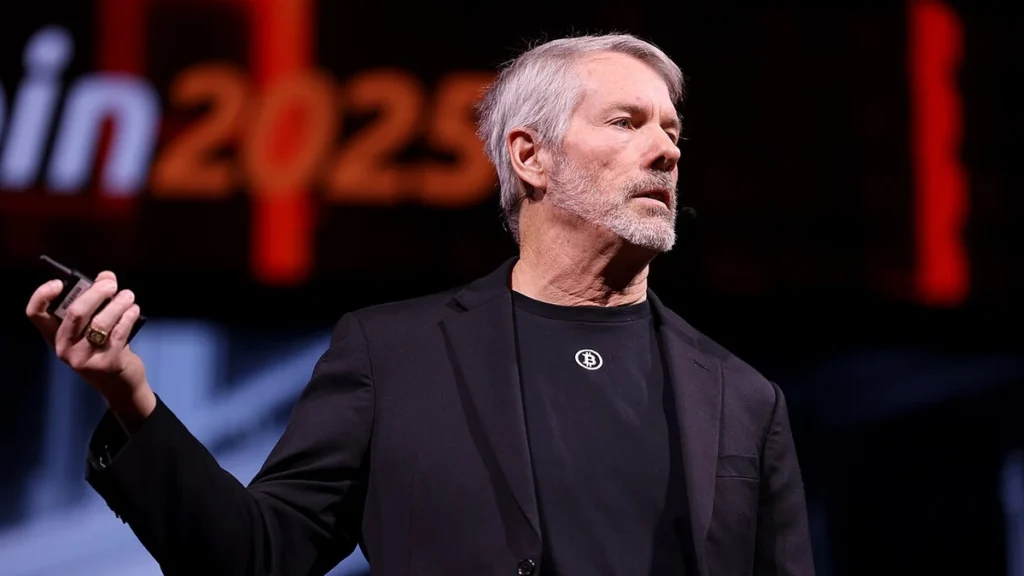Michael Saylor speaking onstage at Bitcoin 2025 in Las Vegas.