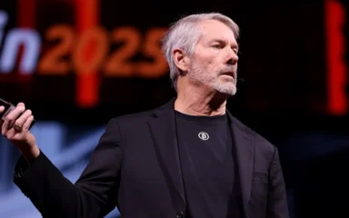 Michael Saylor speaking onstage at Bitcoin 2025 in Las Vegas.