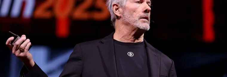 Michael Saylor speaking onstage at Bitcoin 2025 in Las Vegas.