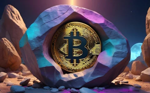 Bitcoin token displayed in a stylized rocky scene.