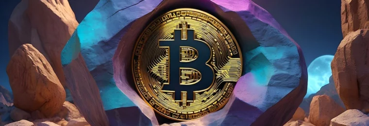 Bitcoin token displayed in a stylized rocky scene.