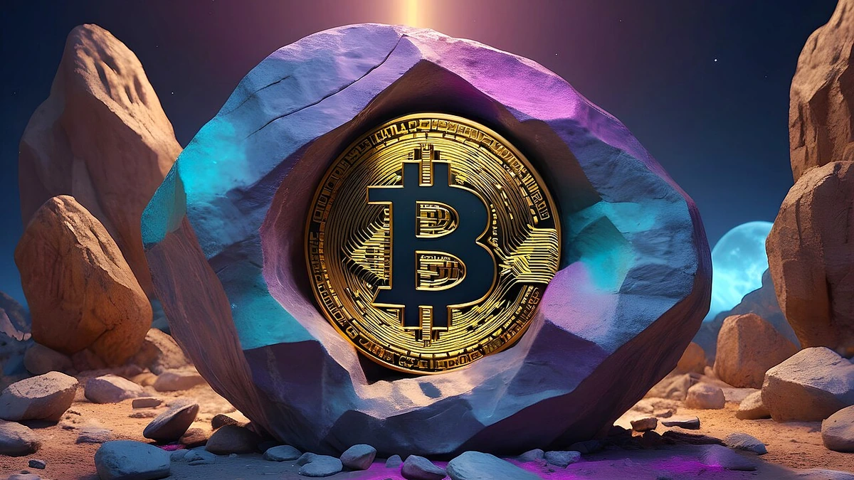 Bitcoin token displayed in a stylized rocky scene.