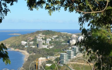 View of Port Moresby, Papua New Guinea, with coastline, hillside buildings and foreground tree branches.