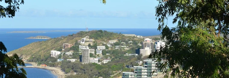 View of Port Moresby, Papua New Guinea, with coastline, hillside buildings and foreground tree branches.