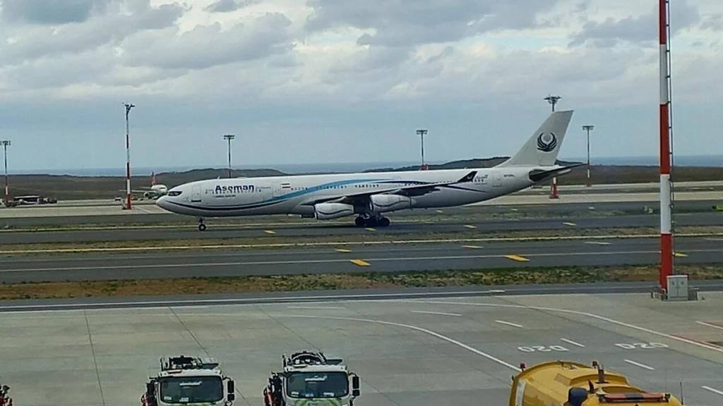 Iran Aseman Airlines aircraft on an airport apron in Istanbul in 2021.