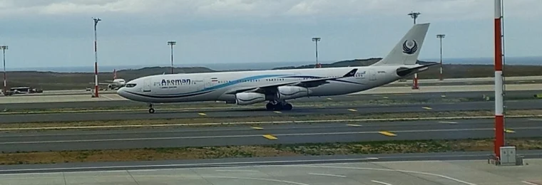 Iran Aseman Airlines aircraft on an airport apron in Istanbul in 2021.