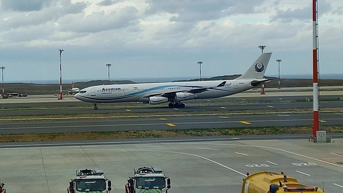 Iran Aseman Airlines aircraft on an airport apron in Istanbul in 2021.