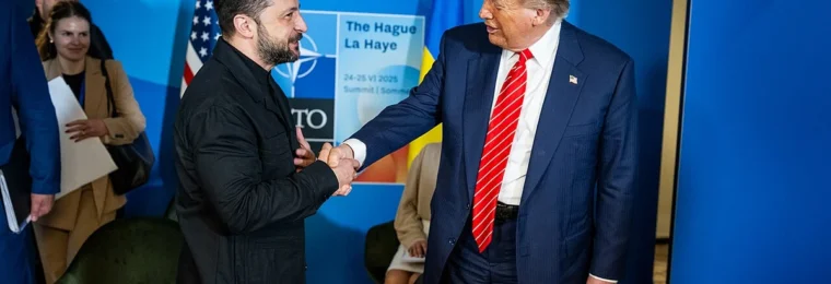 Donald Trump shakes hands with Ukrainian President Volodymyr Zelenskyy at the 2025 NATO summit in The Hague.