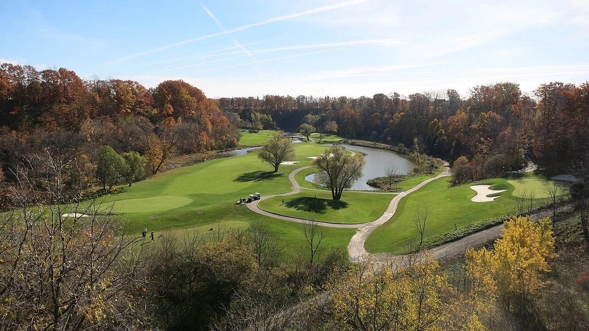 Glen Abbey Golf Club course in Oakville, Ontario, seen in autumn.