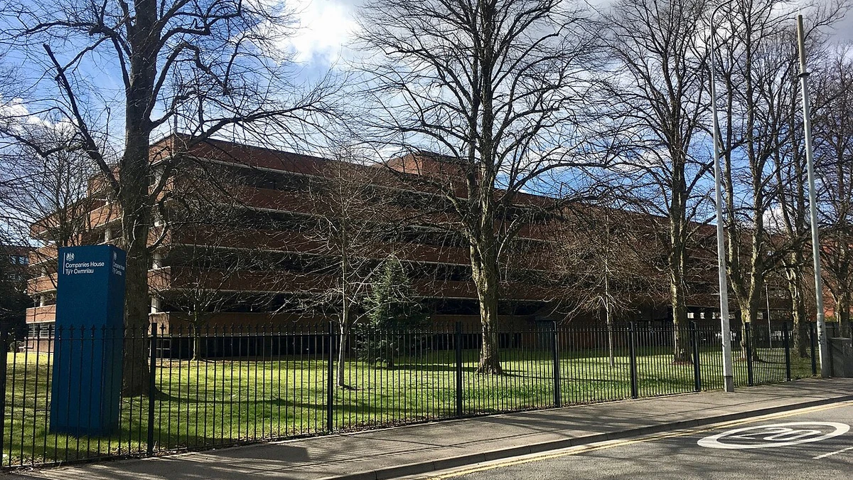 Companies House building and sign in Cardiff, Wales.