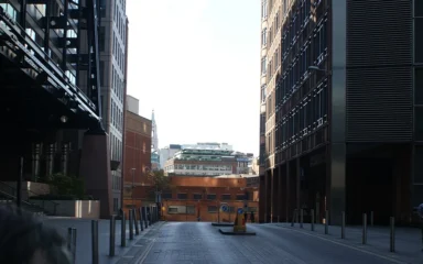 UK Power Networks electricity substation viewed from Primrose Street in London.