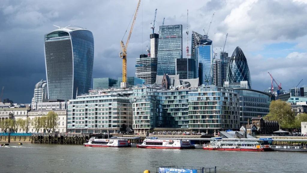 City of London skyline seen across the River Thames, including 20 Fenchurch Street and 30 St Mary Axe.