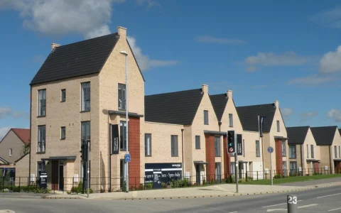 New-build houses along a street in Northstowe, Cambridgeshire.