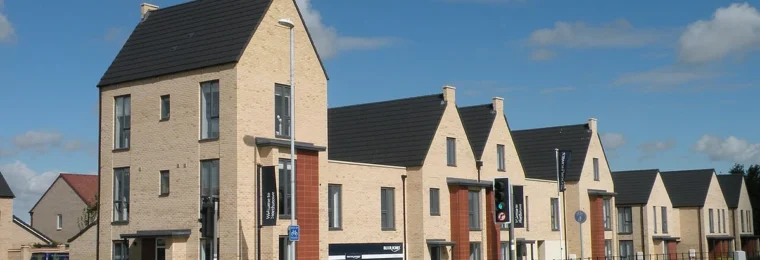 New-build houses along a street in Northstowe, Cambridgeshire.
