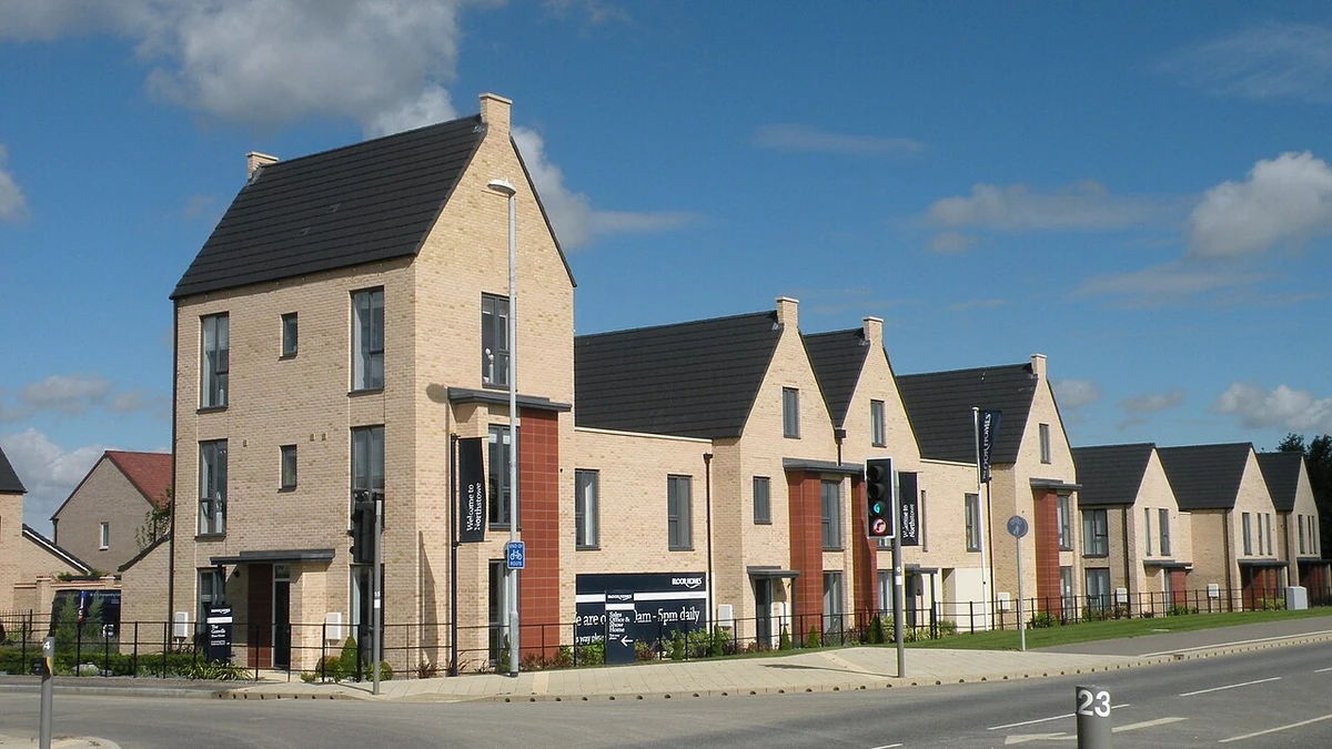 New-build houses along a street in Northstowe, Cambridgeshire.