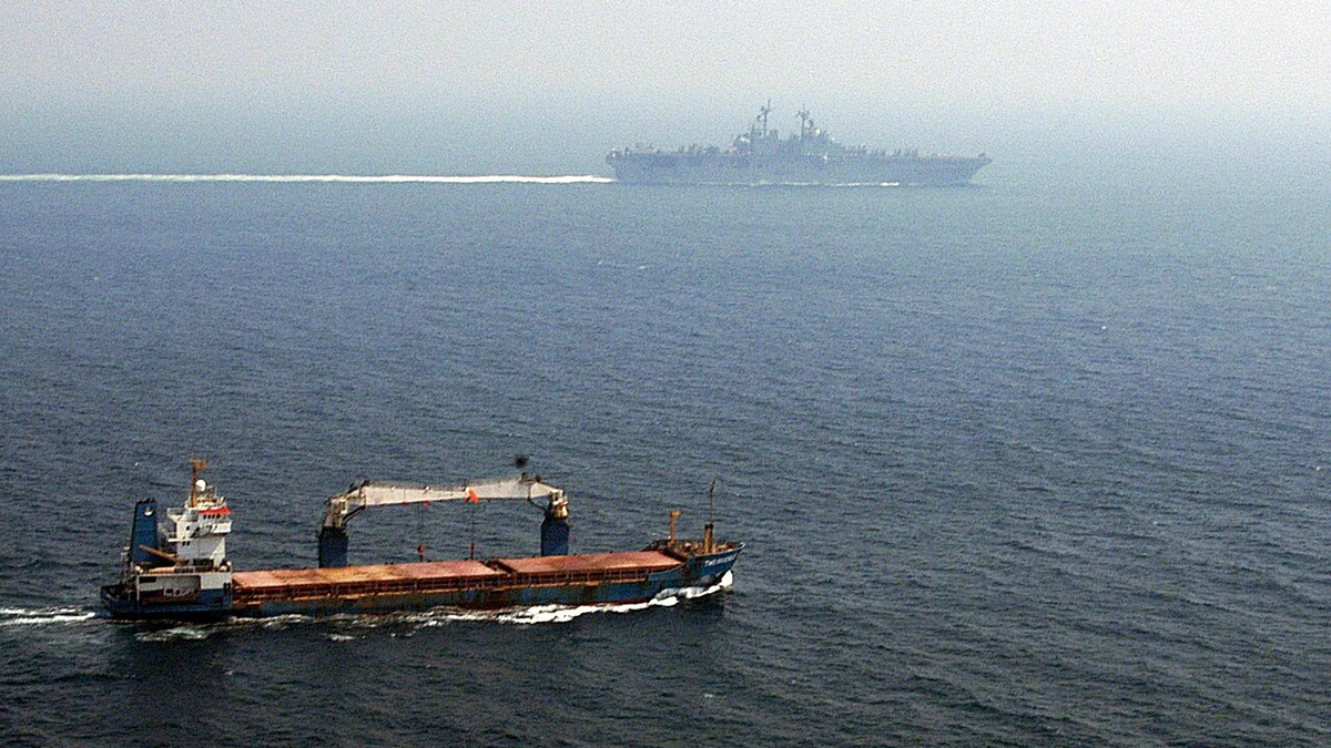 Merchant ship transiting the Strait of Hormuz.