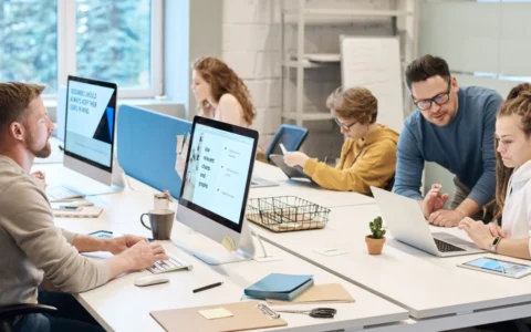 Employees working at computers in a shared office.