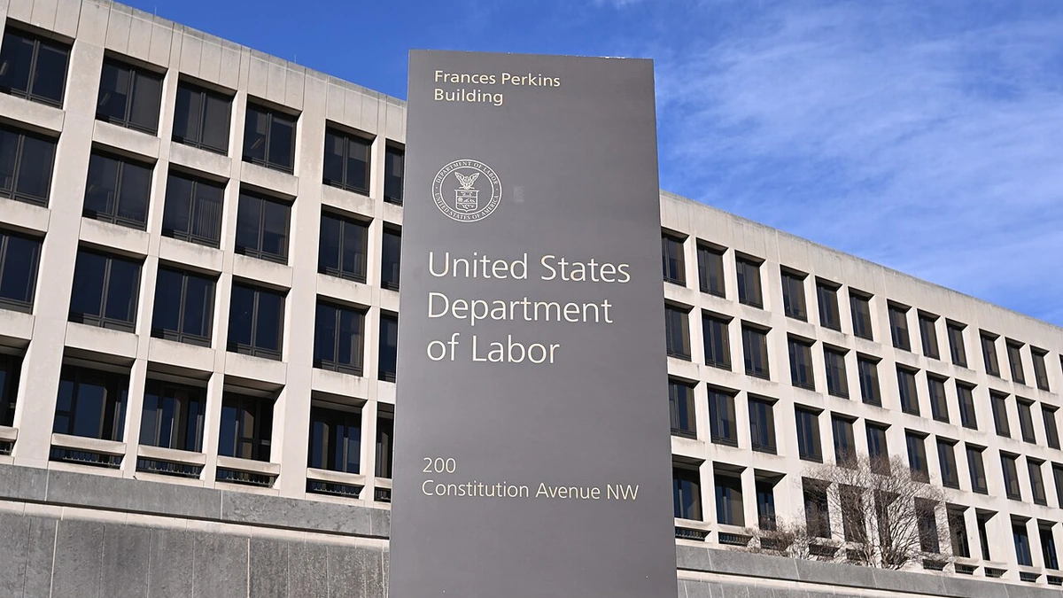 United States Department of Labor sign outside the Frances Perkins Building in Washington, D.C.