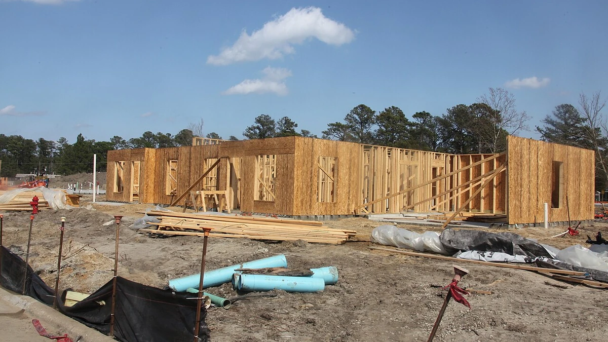 Wood-framed single-family homes under construction at Marine Corps Air Station Cherry Point in North Carolina.